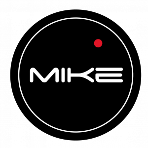 Logo (schwarzer Kreis, roter Punkt rechts oben, Schriftzug 'Mike' in der Mitte)